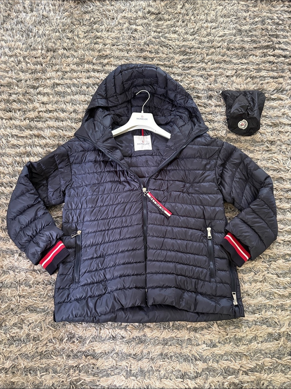 Moncler Longue Saison Navy Packable Down Hooded Jacket + Pouch, Hanger, Size 2